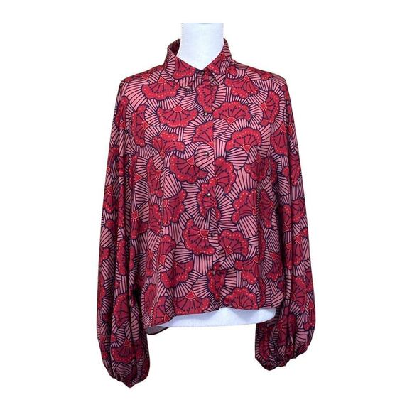 Alexis Nicolette batwing top, pink/maroon gingko leaves, large, dramatic, artsy - Picture 1 of 6